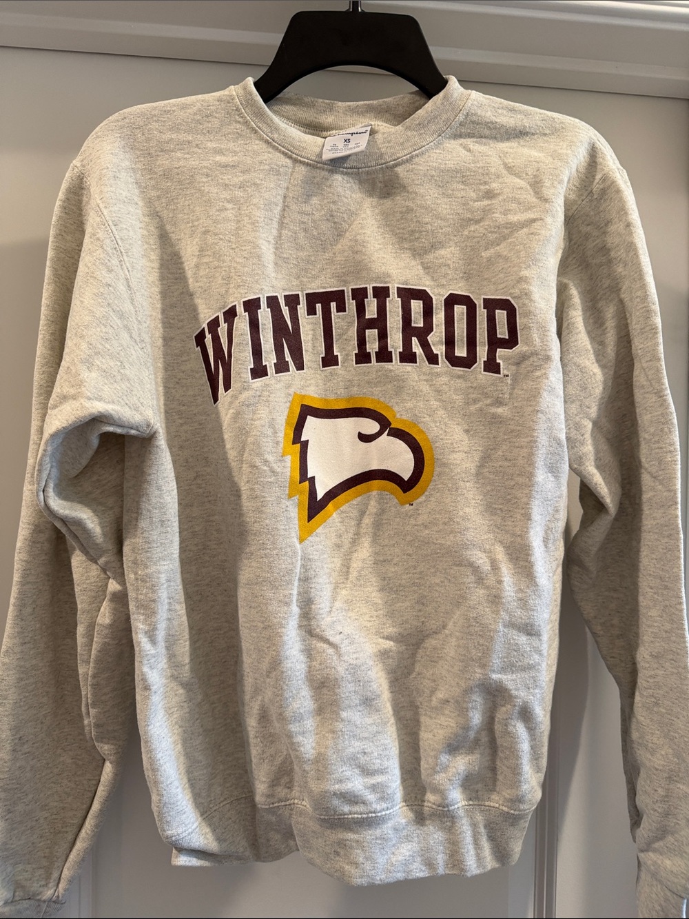 Champion Grey Crewneck Sweatshirt with Maroon and Gold Winthrop Logo